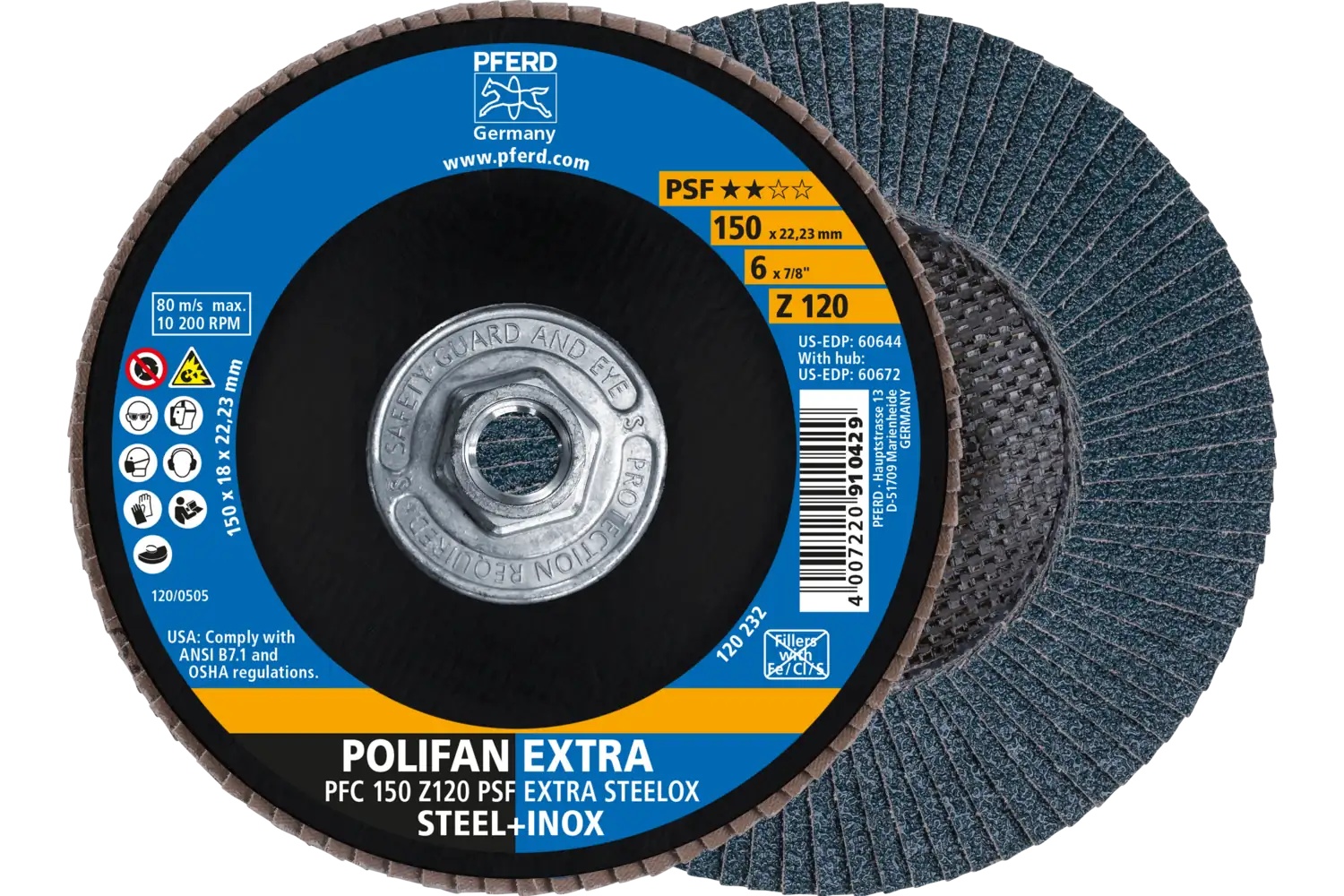 Picture of Pferd Flap Disc, 6" x 5/8-11, Z PSF Extra Steelox, 120 Grit, T29, Conical, Zirconia